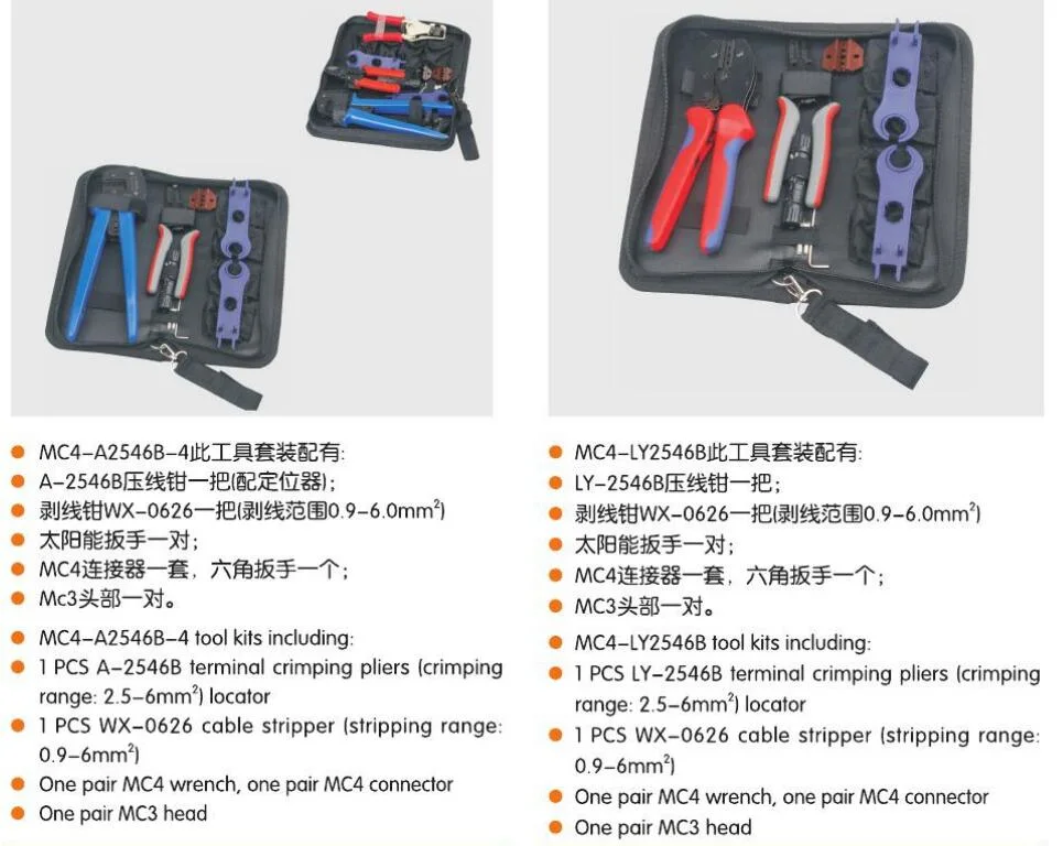 Solar Tool Set Kit Bag Hand Tool Crimping Tool Cutting Tool Cable Stripper Wire Cutter Spanner 2.5/4/6mm2 Hardware Tool for Mc4 PV Solar Connector Panel