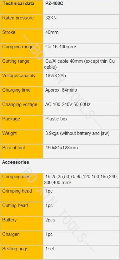 Pz-400c Cordless Battery Hydraulic Multi-Functional Cable Crimping Tool Wire Cutter