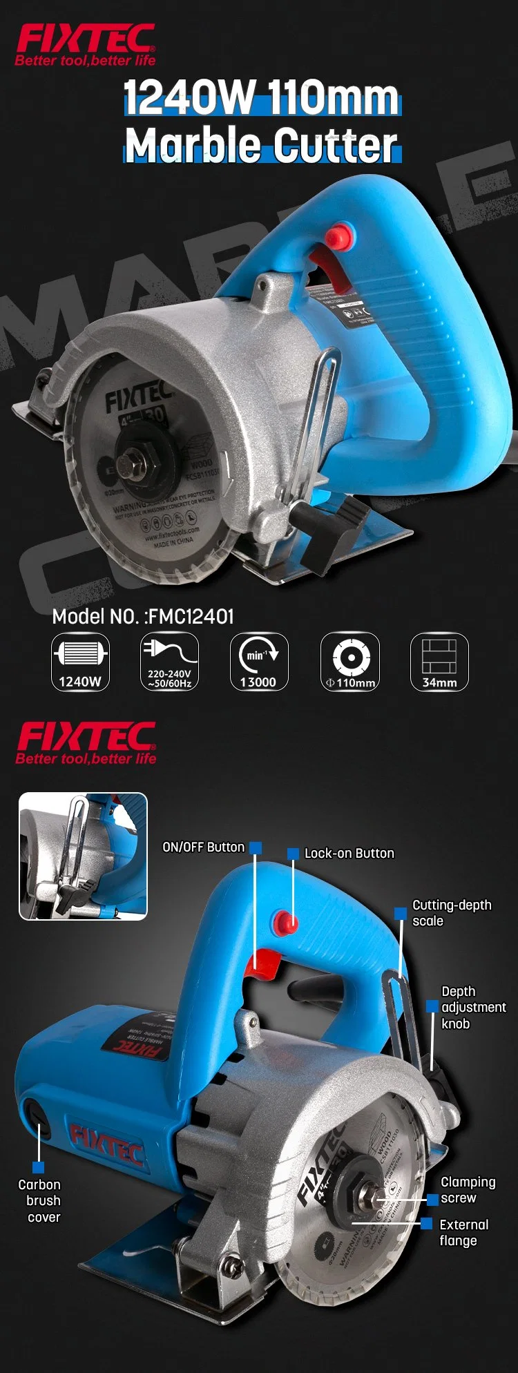 Fixtec Marble Cutter 1240W Electric Wire Wet Saw Stone Cutting Machine Marble Cutter