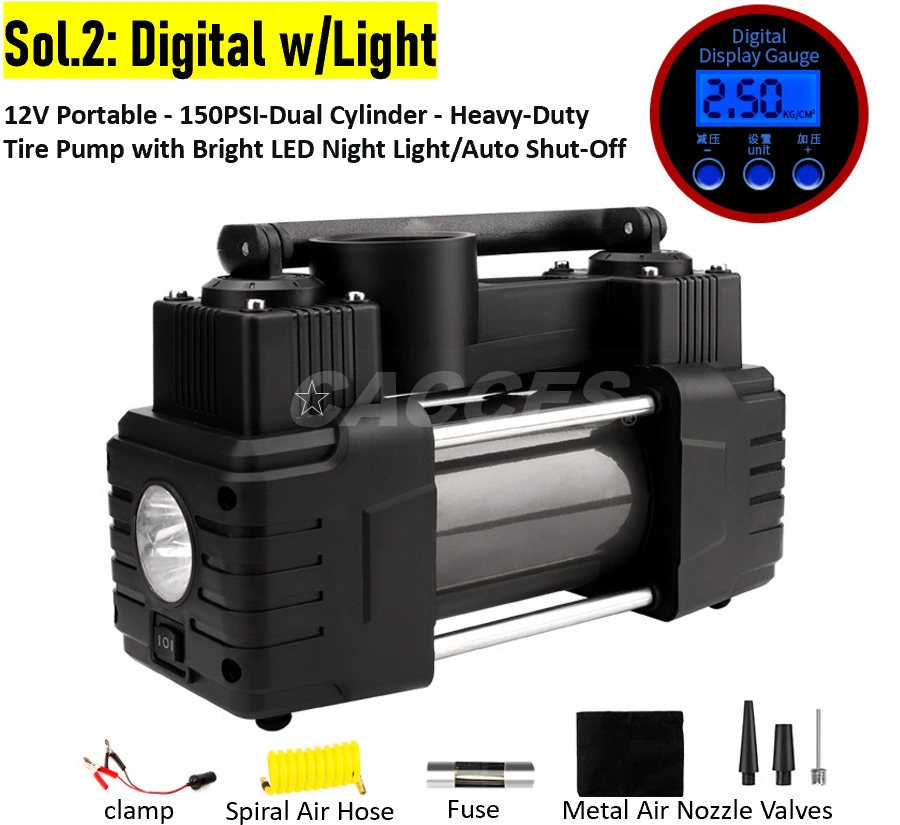 Portable Air Compressor Pump Dual Cylinder Heavy Duty Tire Inflator W/LED Light,150 Psi 12V Air Pump W/Tire Repair Kit&Toolbox for Auto,SUV,Truck Tires Inflator