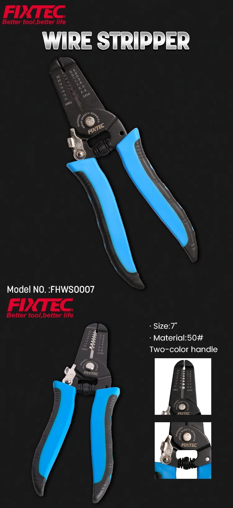 Fixtec Long Nose Crimping Tool Hand Tool 50# 7inch Crimper Wire Stripper Pliers