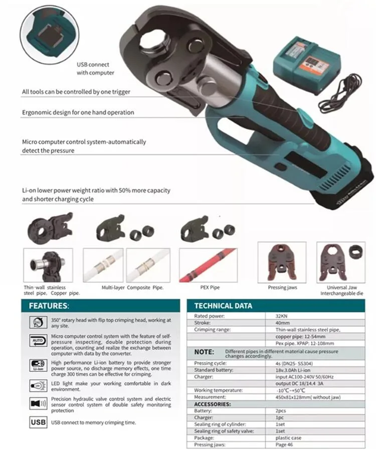 Pz-1550 Li-ion Automatic Crimping Machine Battery Pipe Fitting Press Tool