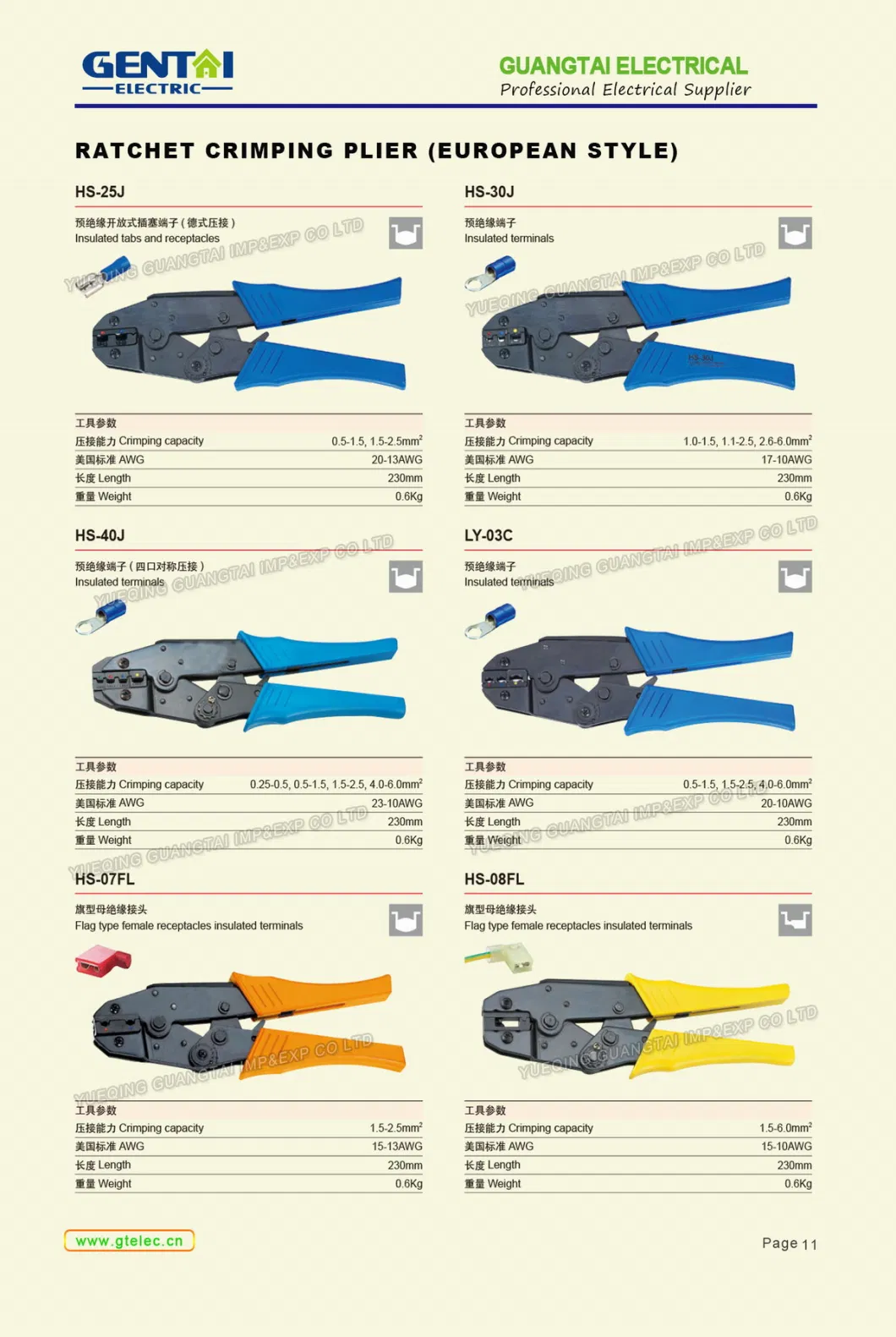 Non-Insulated Tabs and Receptacles 0.5-6mm2 Hand Crimping Pliers