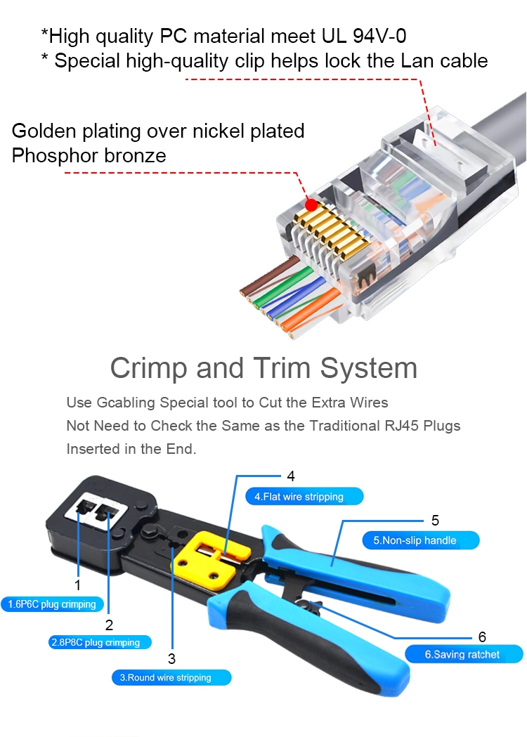 Gcabling RJ45 Crimping Tools Pass Through connector RJ45 Rj11 8p/6p Network Crimping Tool LAN Cable Data Network Cable CAT6 Crimping Tool