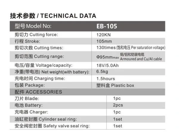 Eb-105 High-Performance Blade Cable Cutter Battery Powered Cable Cutting Tool