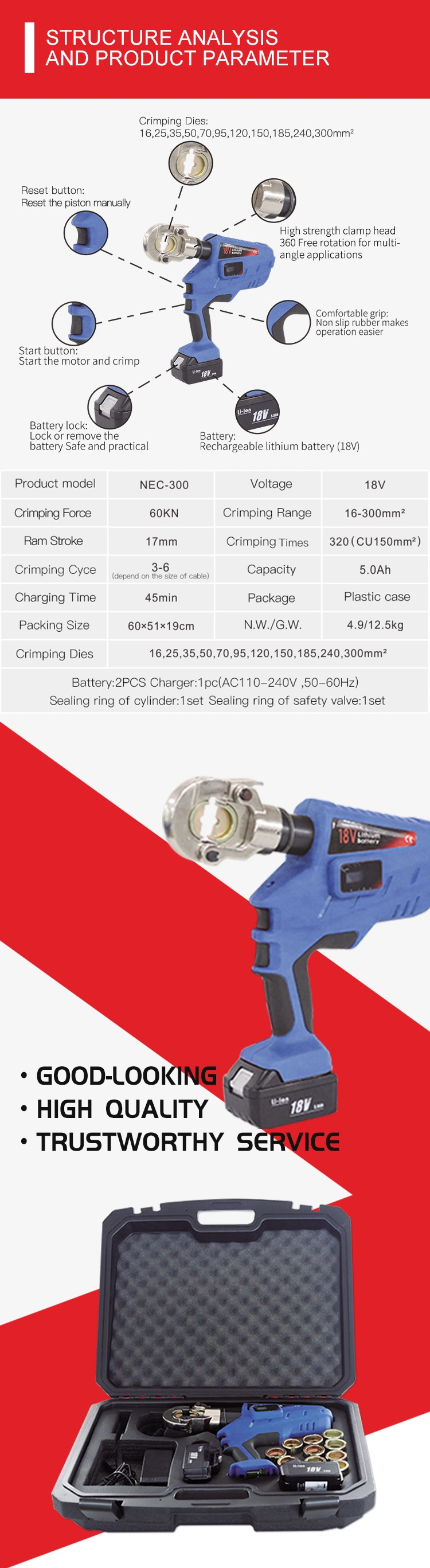 Nec-300 Battery Powered Cable Lug Terminal Connector Crimping Tool Hydraulic Cable Crimping Tool Wire Crimping Tool