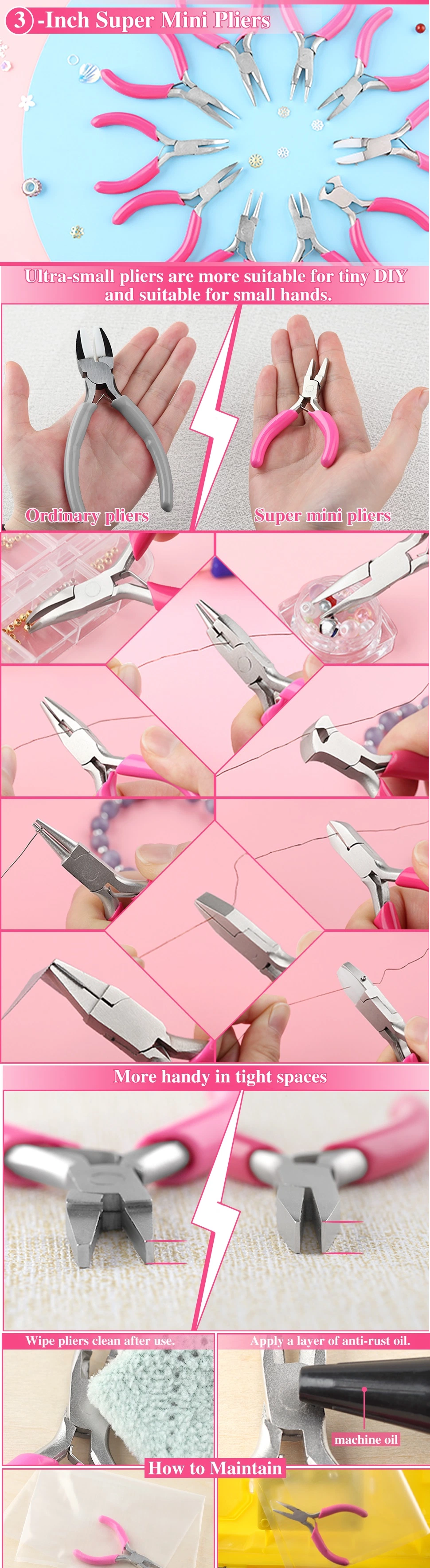 OEM 3 Inches Mini Round Nose Pliers for Jewelry Making with Cutter Wire Looping Plier Smooth Jaws Wire Bending Pliers Small