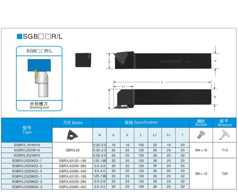 Cgbr Vertical Mounting Shallow Holder Cgbr / L2020K16 / 32 / 43 Sgbr2020K16 External Grooving Tool Holder