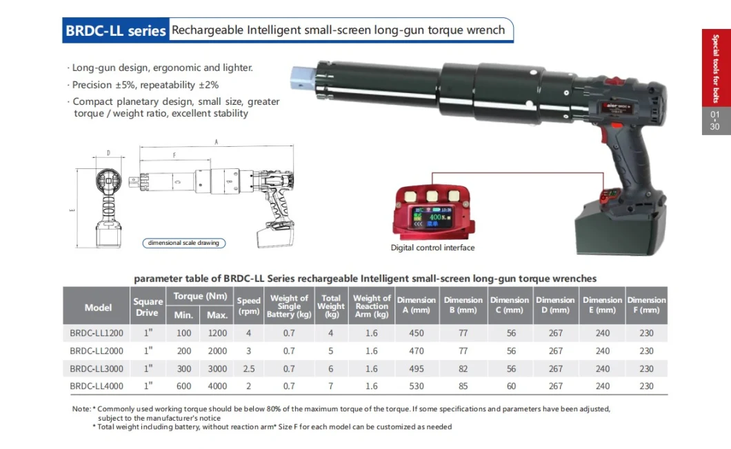 Smart Compact Rechargeable 3000nm Cordless Brdc-Ll Series Digital Display Torque Wrench