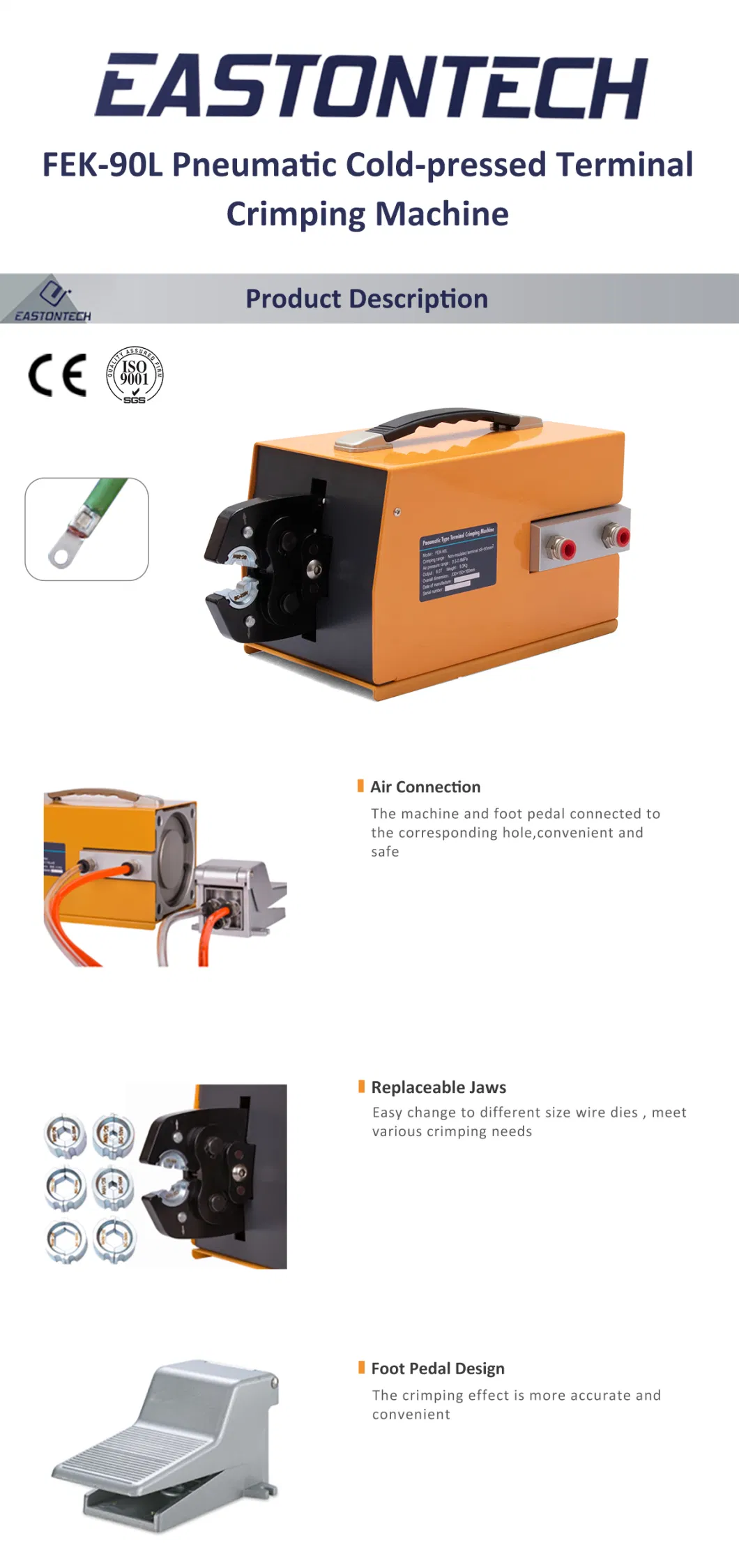 Eastontech High Quality Fek-90L Air Foot Pedal Type Wire Terminal Tube Cable Lug Pneumatic Terminal Crimping Machine