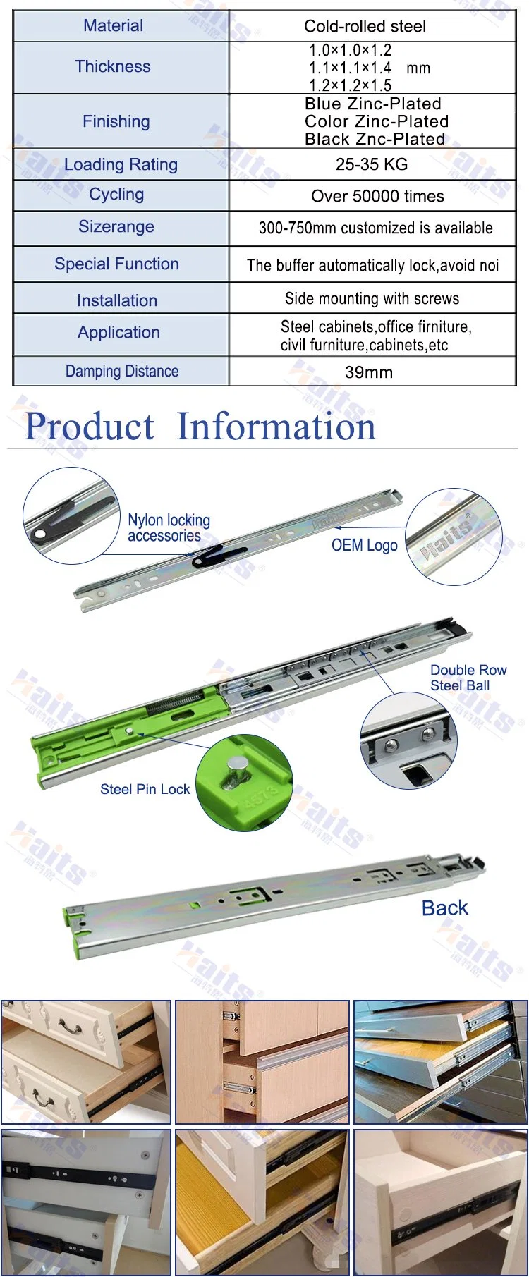 Full Extension Soft Close Cabinet Ball Bearing Drawer Telescopic Slide