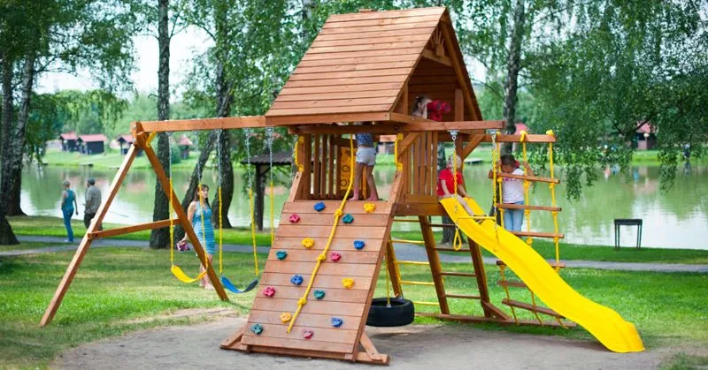 Children Wooden Baby Backyard School Play Slide Swing Outdoor Playground Set