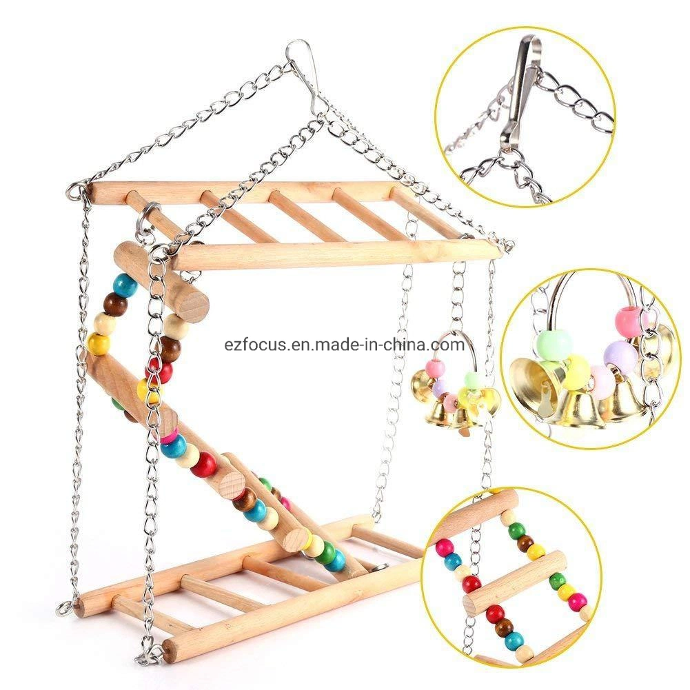 Large Wood Ladder Swing Toy Set with Bell for Bird Parrot Parakeet Cockatiel Conure Cockatoo African Grey Macaw Lovebird Finch Canary Cage Parch Stand Wbb12588