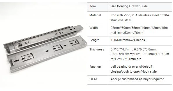 Hot Sale 25/30/35/40/45/50mm Zinc Plated Ball Bearing Drawer Slide for Furniture