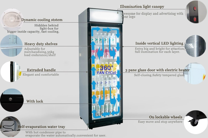 Single Door Chiller Heavy Duty Upright Bottle Cooler with Hinged Door in Black Commercial Restaurant Cafe Bar Pub Fridge