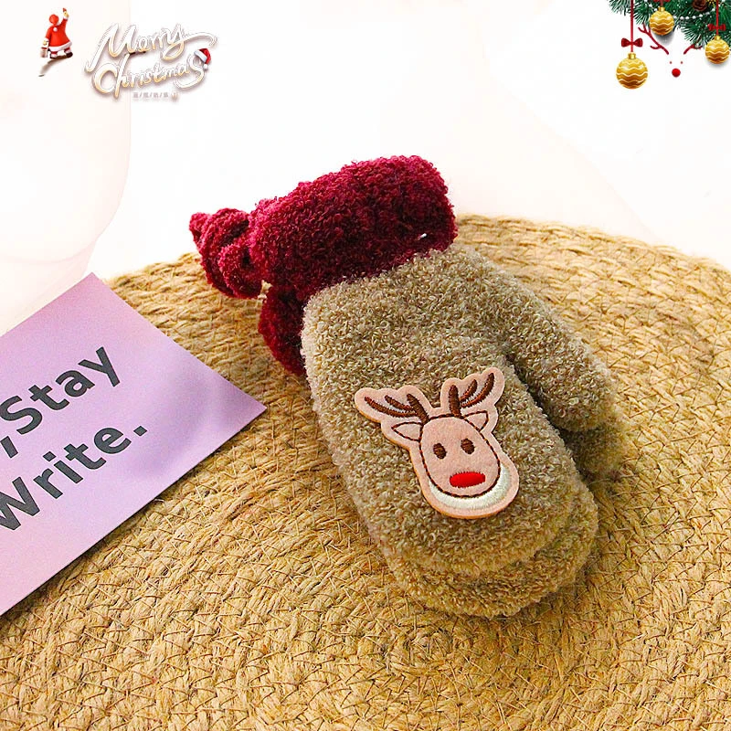 Winter New Cartoon Christmas Deer Rocking Velvet Thickened Baby Hanging-Neck Warm Gloves