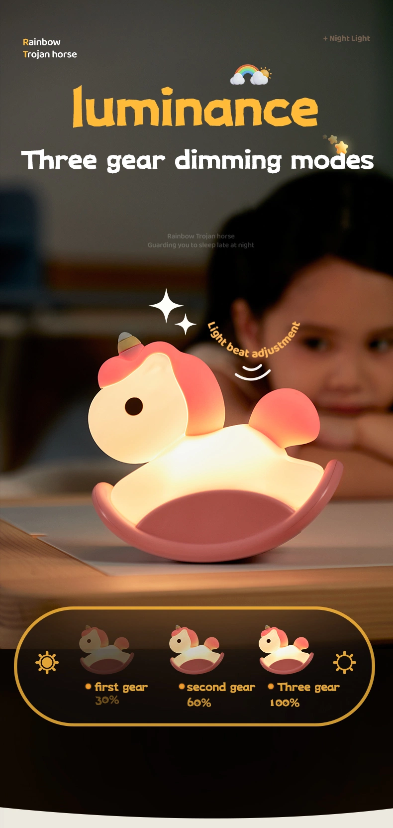 Stocks Silicone Bedside up Cute Room Nursery Rocking Horse Bed Lamp Unicorn Touch LED Night Light Kids