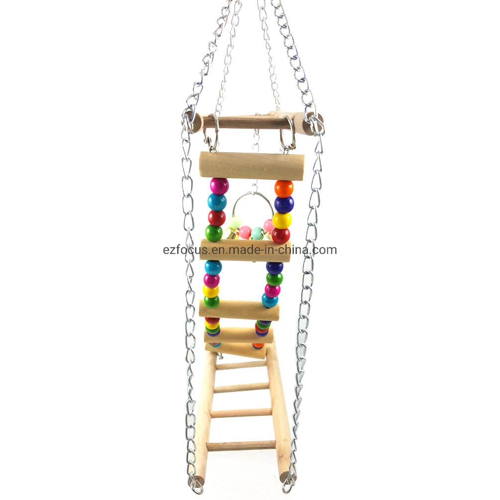 Large Wood Ladder Swing Toy Set with Bell for Bird Parrot Parakeet Cockatiel Conure Cockatoo African Grey Macaw Lovebird Finch Canary Cage Parch Stand Wbb12588