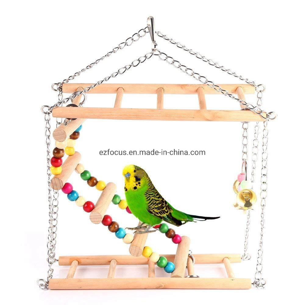 Large Wood Ladder Swing Toy Set with Bell for Bird Parrot Parakeet Cockatiel Conure Cockatoo African Grey Macaw Lovebird Finch Canary Cage Parch Stand Wbb12588