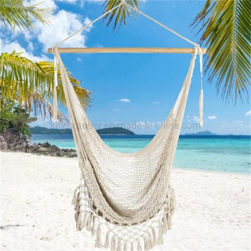 Colorful Hammock Chair Soft Cotton Rope Hanging Camping Garden Hammock Swing Beach Chair with Sturdy Wood Bar