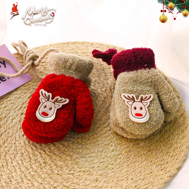 Winter New Cartoon Christmas Deer Rocking Velvet Thickened Baby Hanging-Neck Warm Gloves