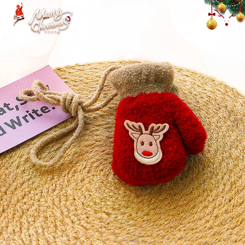 Winter New Cartoon Christmas Deer Rocking Velvet Thickened Baby Hanging-Neck Warm Gloves