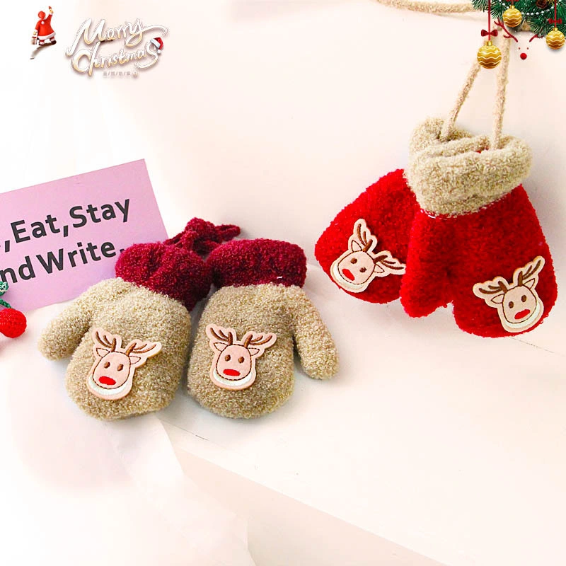 Winter New Cartoon Christmas Deer Rocking Velvet Thickened Baby Hanging-Neck Warm Gloves