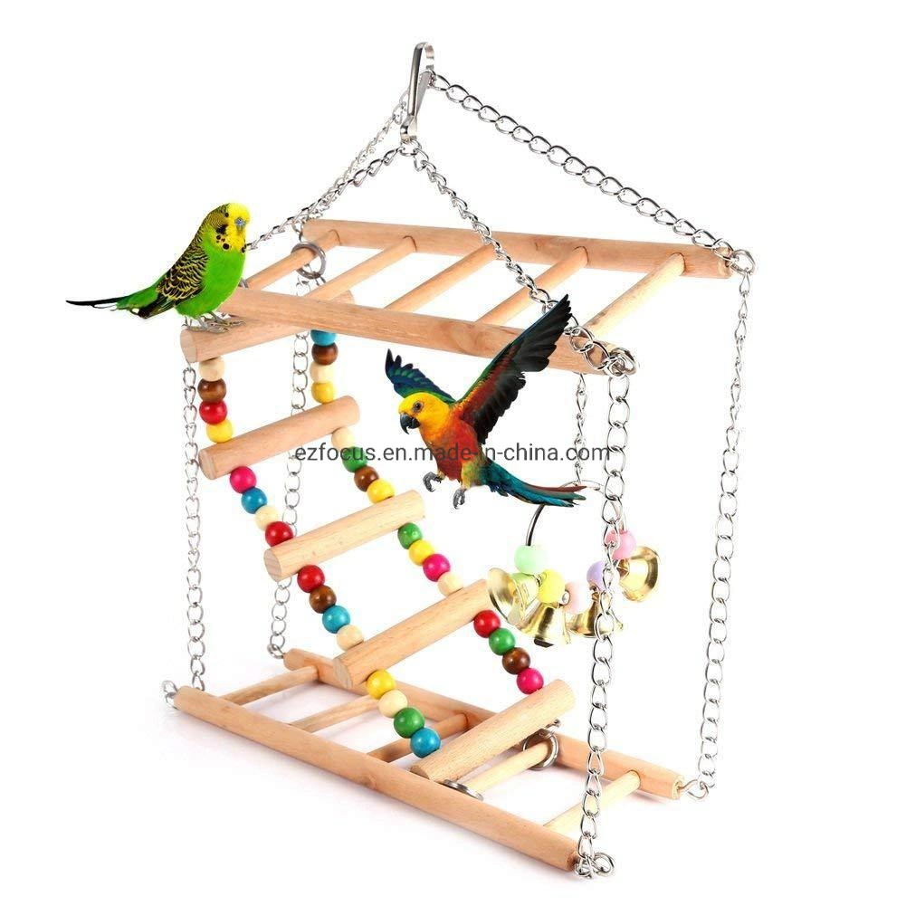 Large Wood Ladder Swing Toy Set with Bell for Bird Parrot Parakeet Cockatiel Conure Cockatoo African Grey Macaw Lovebird Finch Canary Cage Parch Stand Wbb12588