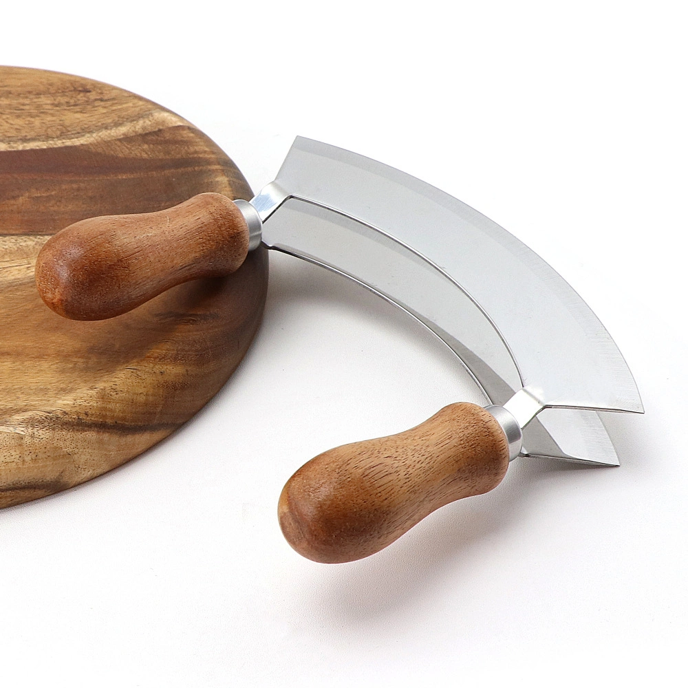 Double Wooden Handle Stainless Steel Swing Pizza Cutter Wheel Knife Shovel Mi25491