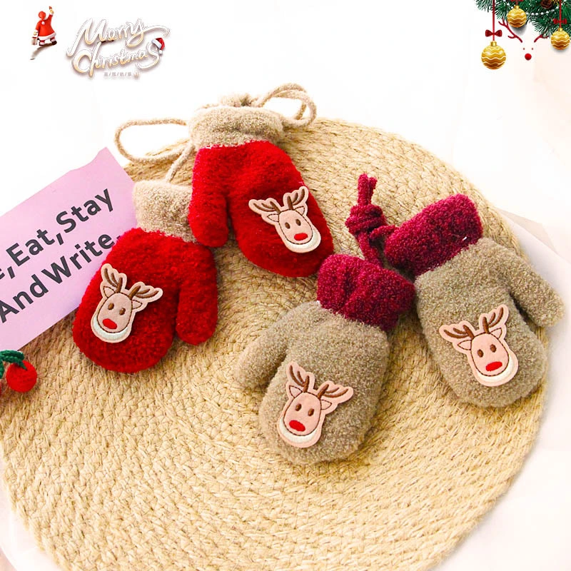 Winter New Cartoon Christmas Deer Rocking Velvet Thickened Baby Hanging-Neck Warm Gloves