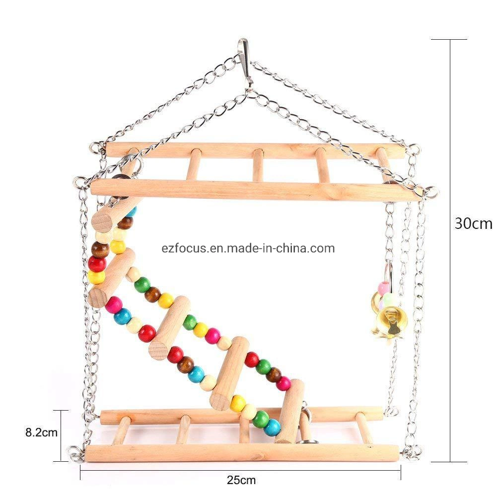 Large Wood Ladder Swing Toy Set with Bell for Bird Parrot Parakeet Cockatiel Conure Cockatoo African Grey Macaw Lovebird Finch Canary Cage Parch Stand Wbb12588
