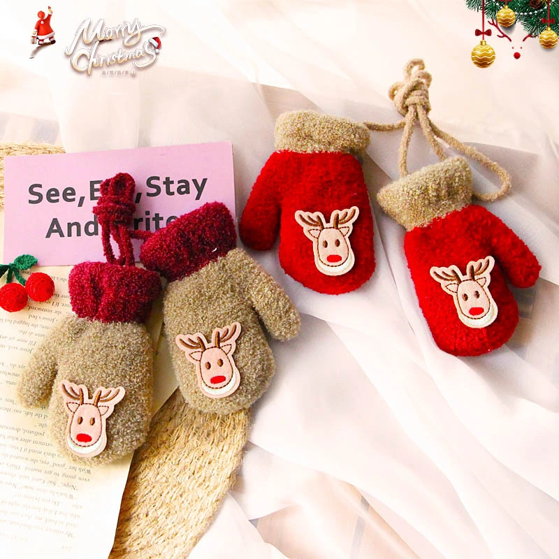 Winter New Cartoon Christmas Deer Rocking Velvet Thickened Baby Hanging-Neck Warm Gloves