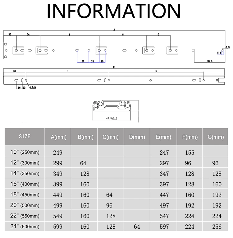 Hot Sale 25/30/35/40/45/50mm Zinc Plated Ball Bearing Drawer Slide for Furniture