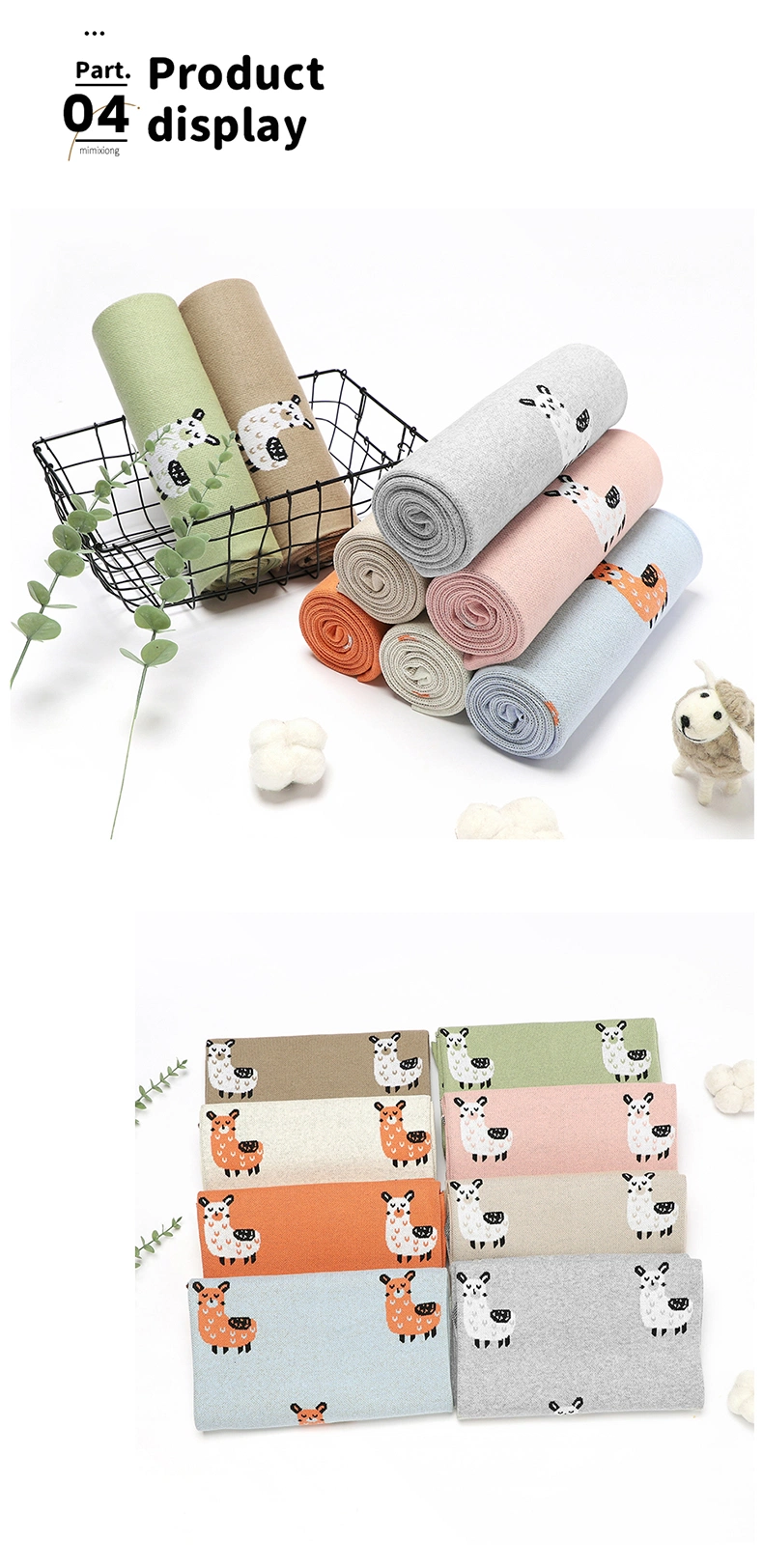 Baby Cartoon Animal Alpaca Pattern Swaddle Organic Cotton Knitted Blankets