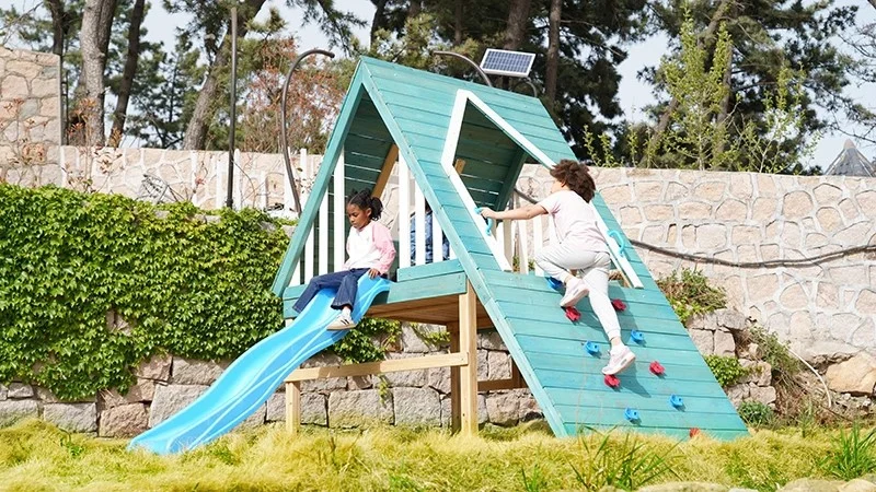 Outdoor Backyard School Kid Swing Set and Slide Wooden Climbing Frame