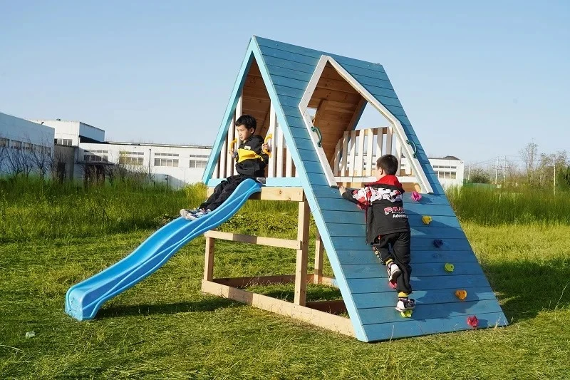 Outdoor Backyard School Kid Swing Set and Slide Wooden Climbing Frame