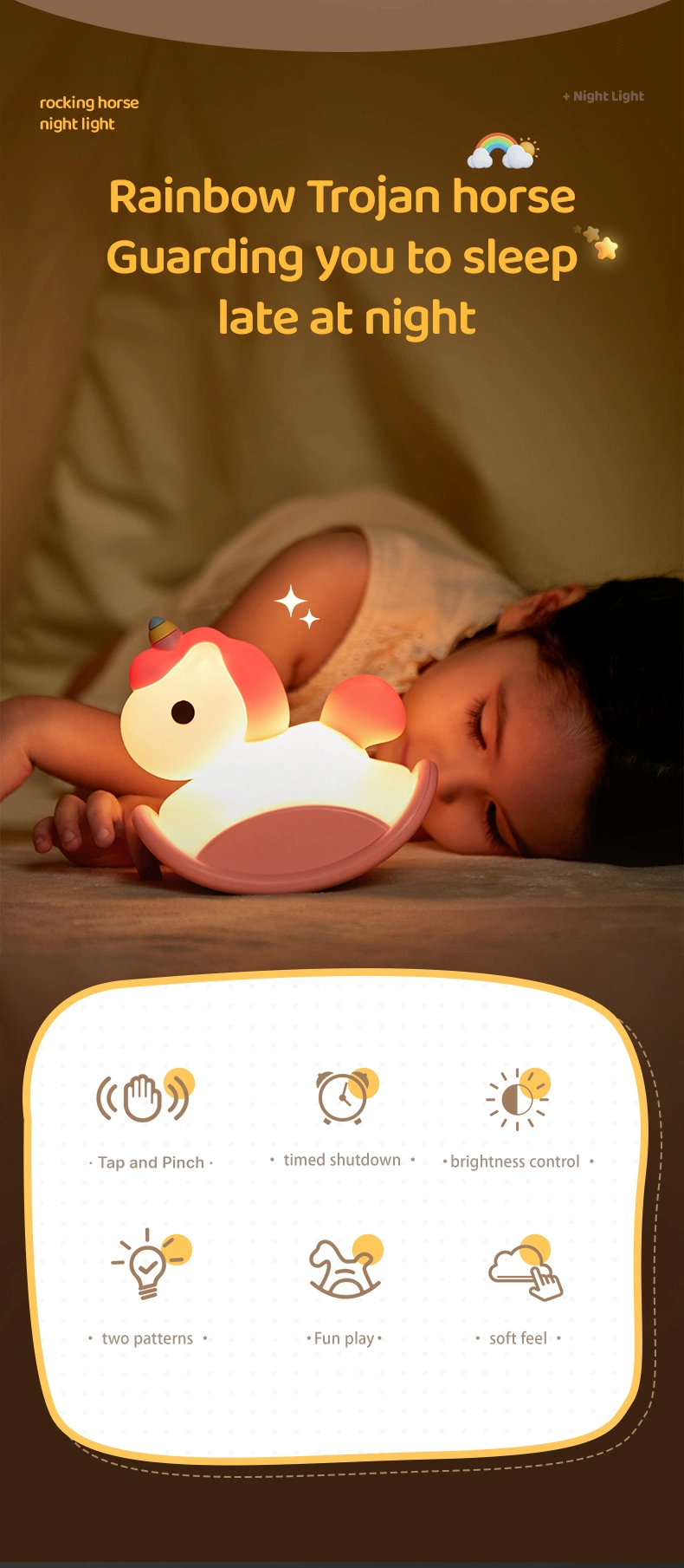 Stocks Silicone Bedside up Cute Room Nursery Rocking Horse Bed Lamp Unicorn Touch LED Night Light Kids