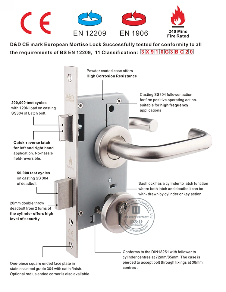 CE Stainless Steel Double Turns Deadbolt Fire Rated Sash Lock