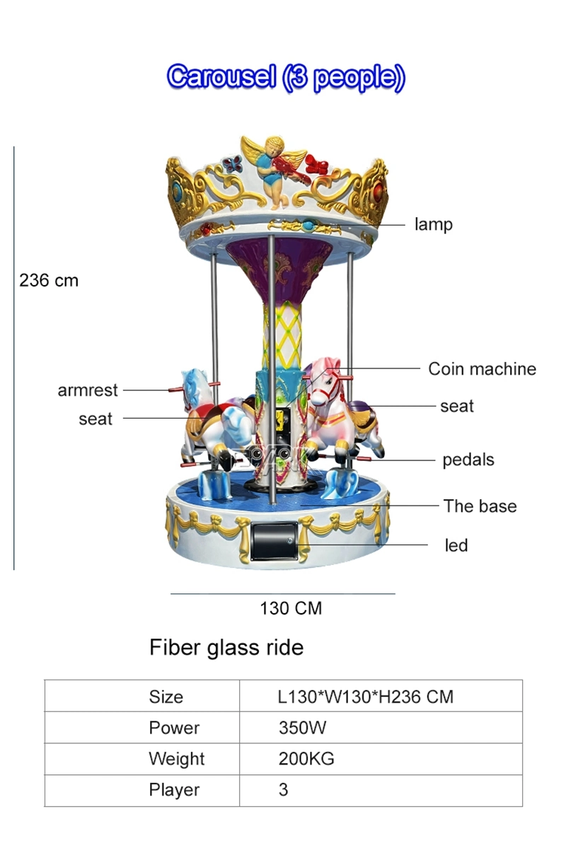 Coin Operated Carousel 3 People Amusement Rides Horse Carousel Merry Go Round