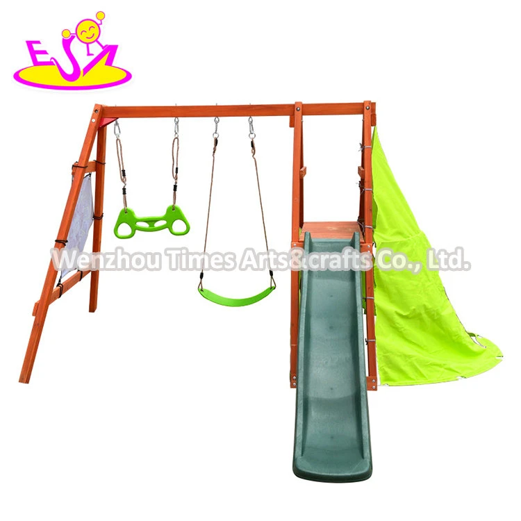 Kids Outdoor Backyard Playground Wooden Slide Swing Set with Climbing Rope W01d279