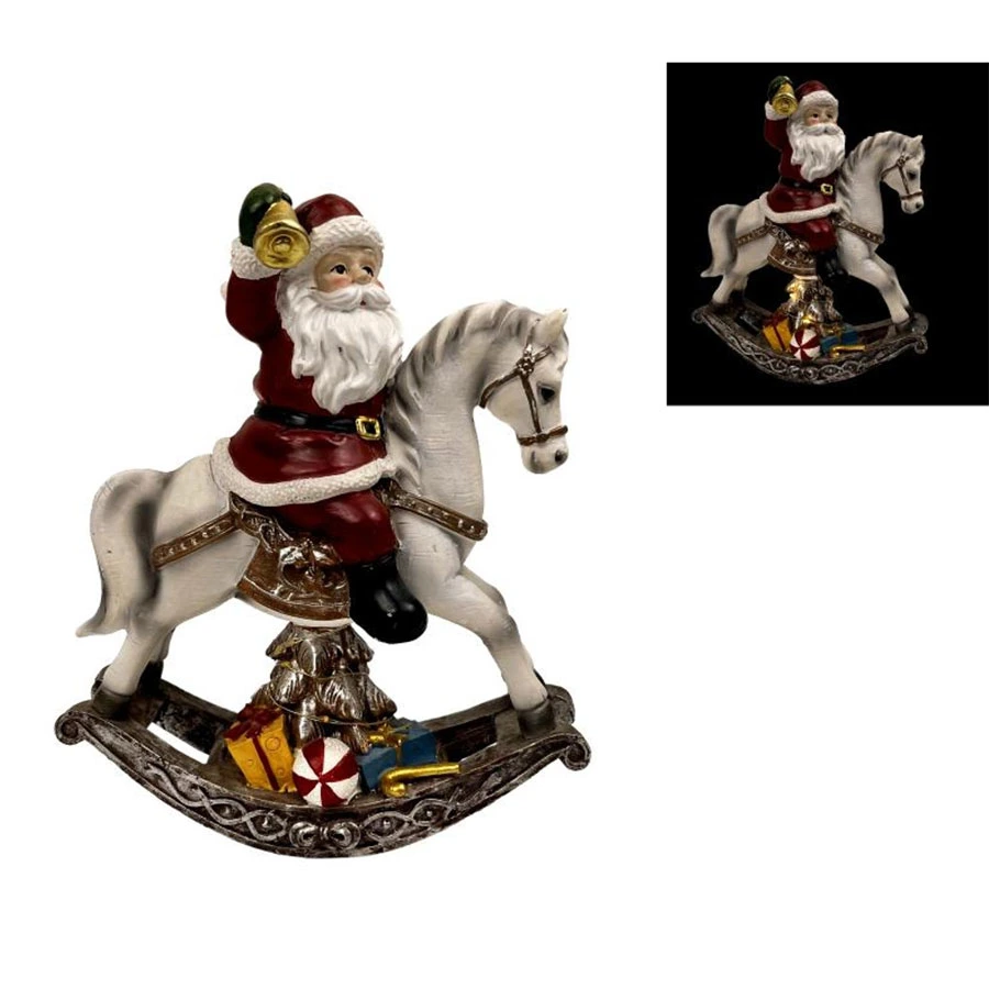 Customized Resin Christmas Santa on Rocking Horse Decoration Table Ornaments