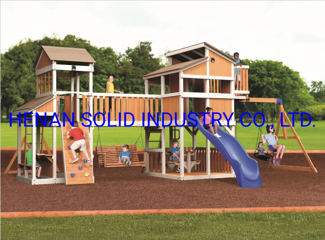 Safety Outdoor Wooden Double Play Center Slide Swing Set for Children