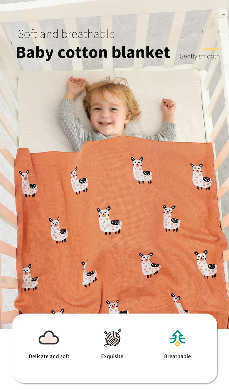 Baby Cartoon Animal Alpaca Pattern Swaddle Organic Cotton Knitted Blankets