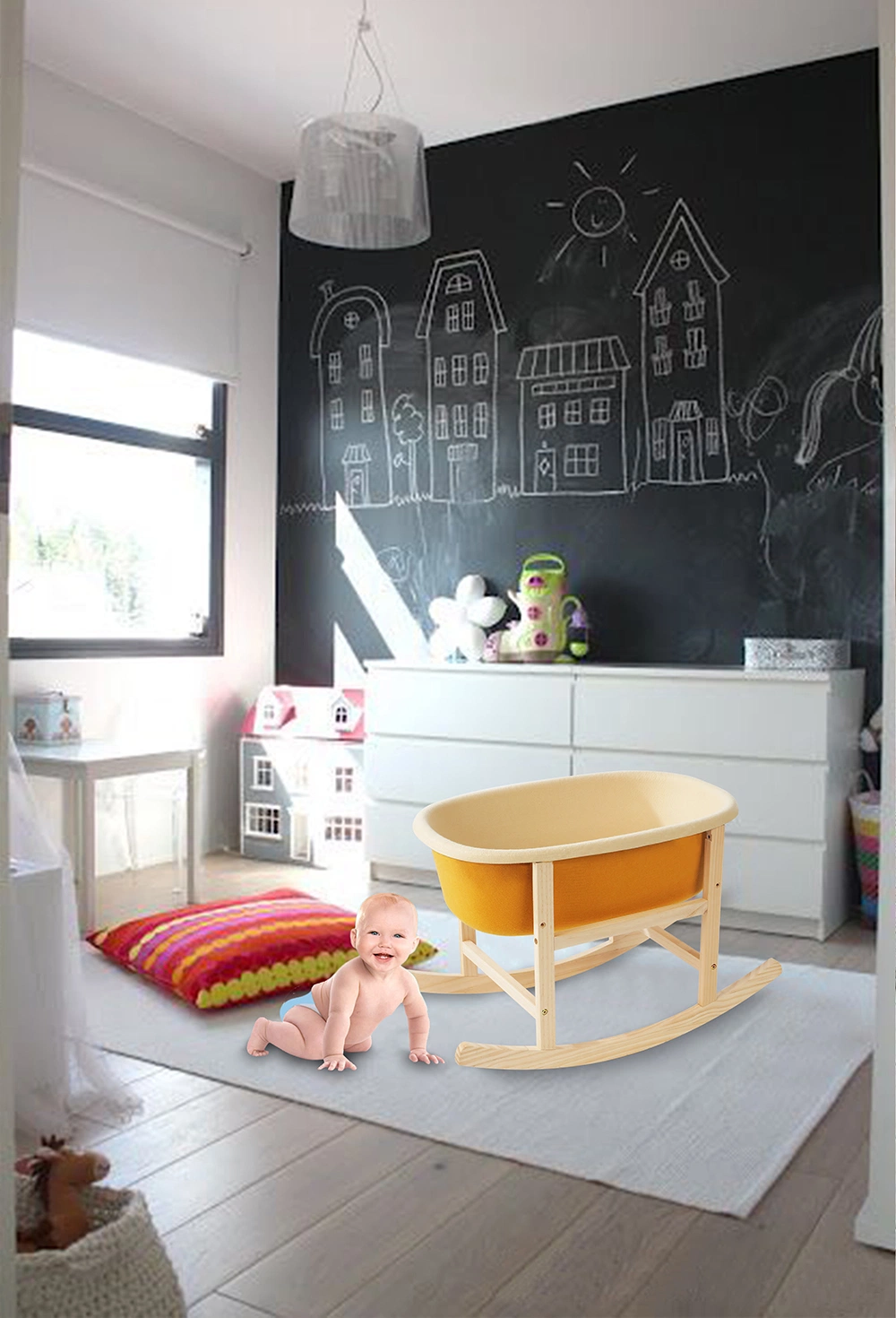Eco Felt Baby Nursery Bed Side Sleeper Cute Moses Basket with Wooden Rocking Stand