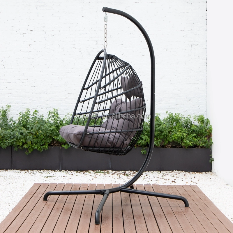 Foldable Wicker Hanging Egg Chair Rope Swing Chair Rattan Outdoor Patio Swing with Metal Standpopular