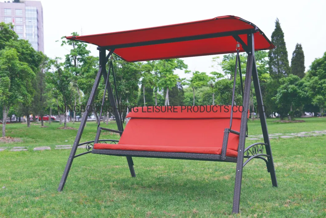 Outdoor Patio 3-Seater Steel Wicker Red Swing
