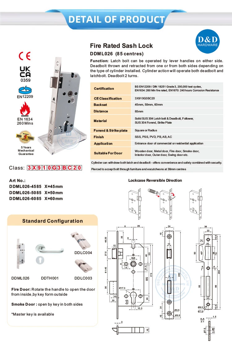 CE Stainless Steel Double Turns Deadbolt Fire Rated Sash Lock