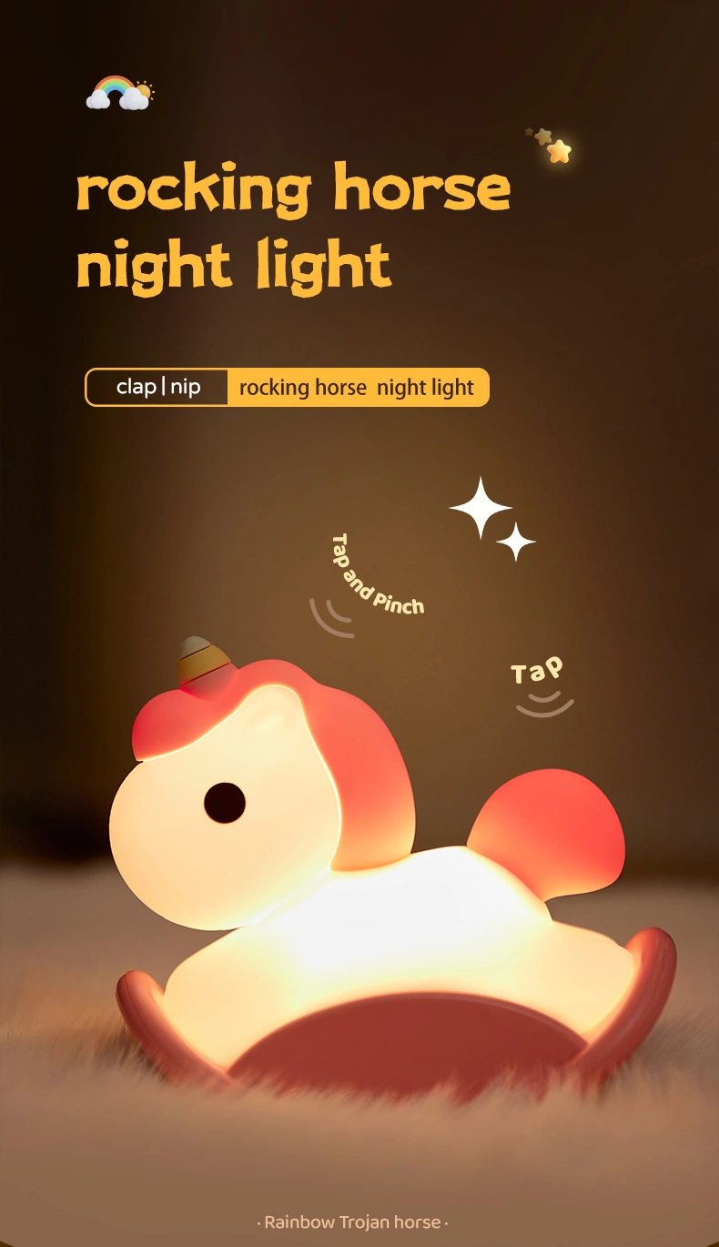 Stocks Silicone Bedside up Cute Room Nursery Rocking Horse Bed Lamp Unicorn Touch LED Night Light Kids