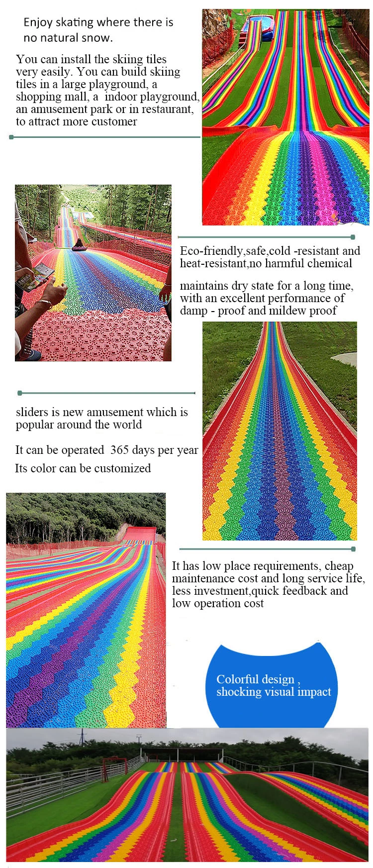 Amusement Park Outdoor Sport Rainbow Snow Slip Slide Dryland Ski Tiles Interlocking Artificial Mat Floor Dry Ski Slope