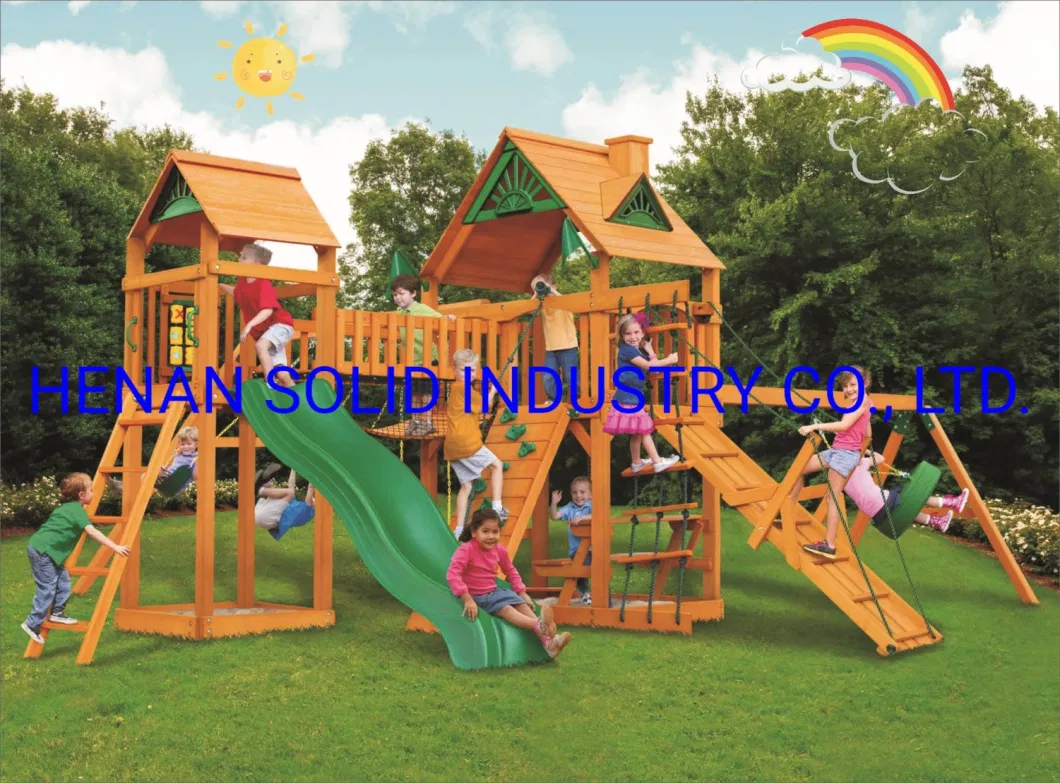 Safety Outdoor Wooden Double Play Center Slide Swing Set for Children